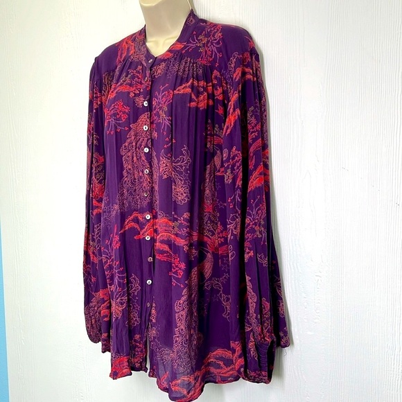 Free People - Peacock Feather Pattern Purple Button Down Long Sleeve Blouse SM - Picture 6 of 11